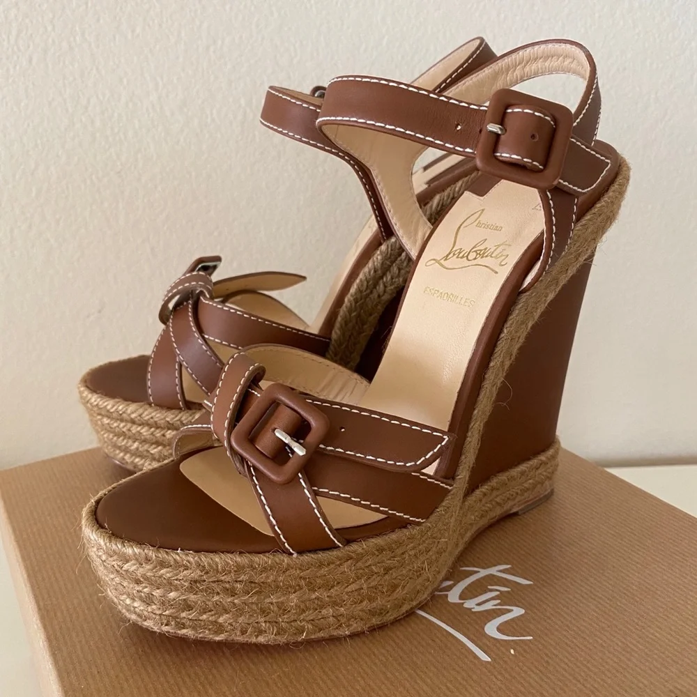 Christian Louboutin Brown Leather Espadrille Wedge Sandals